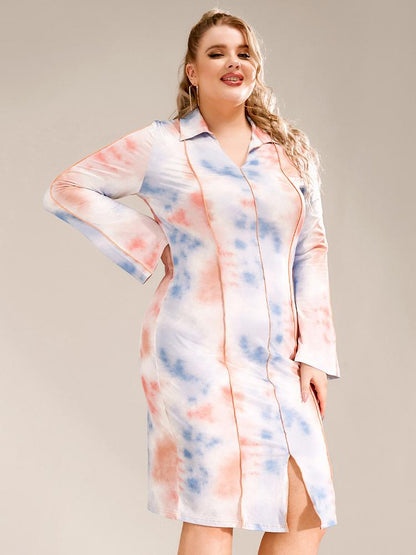 Tie Dye Split Hem Lapel Collar Dress