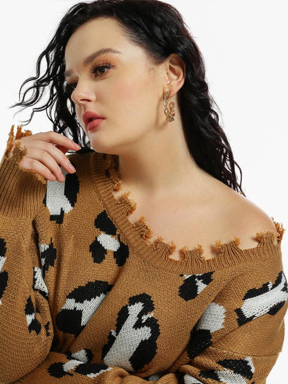 Leopard Print Irregular Edge V-Neck Sweater