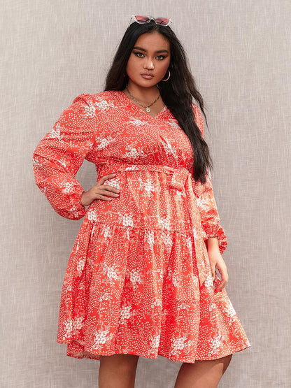 Ditsy Floral Ruffle Hem V Neck Dress