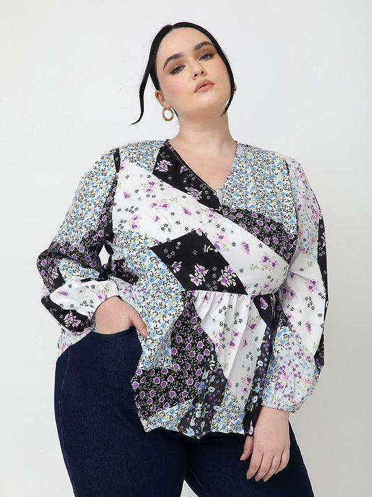 Floral Panel V-neck Tops