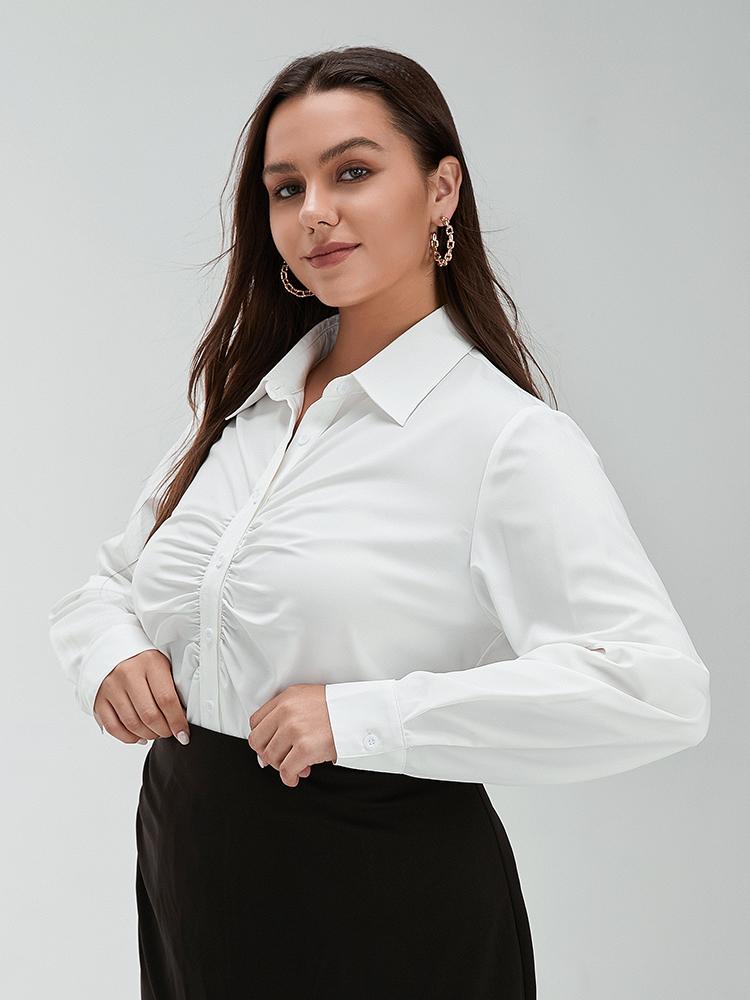 Pleated Lapel Collar Solid Blouse