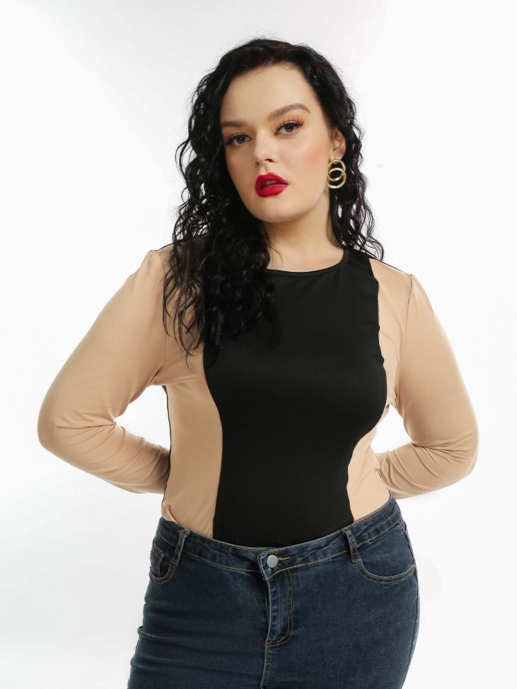 Colorblock Round Neck Long-sleeved T-shirt