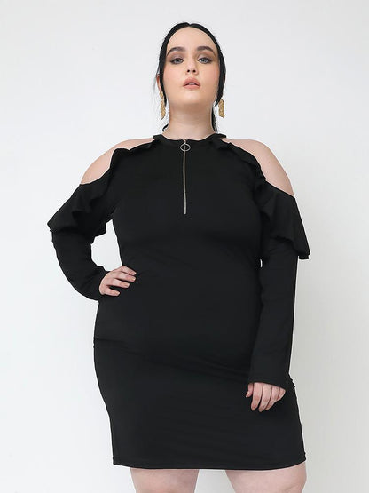Ruffle Detail Zip Cold Shoulder Dress