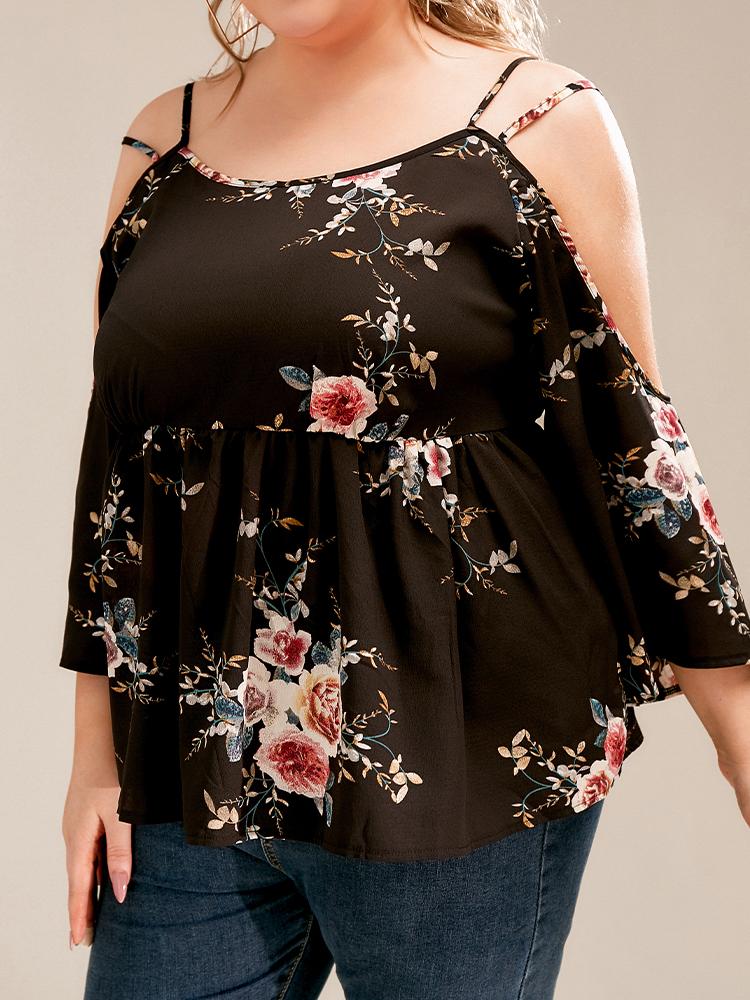 Floral Bell Sleeve Cold Shoulder Blouse