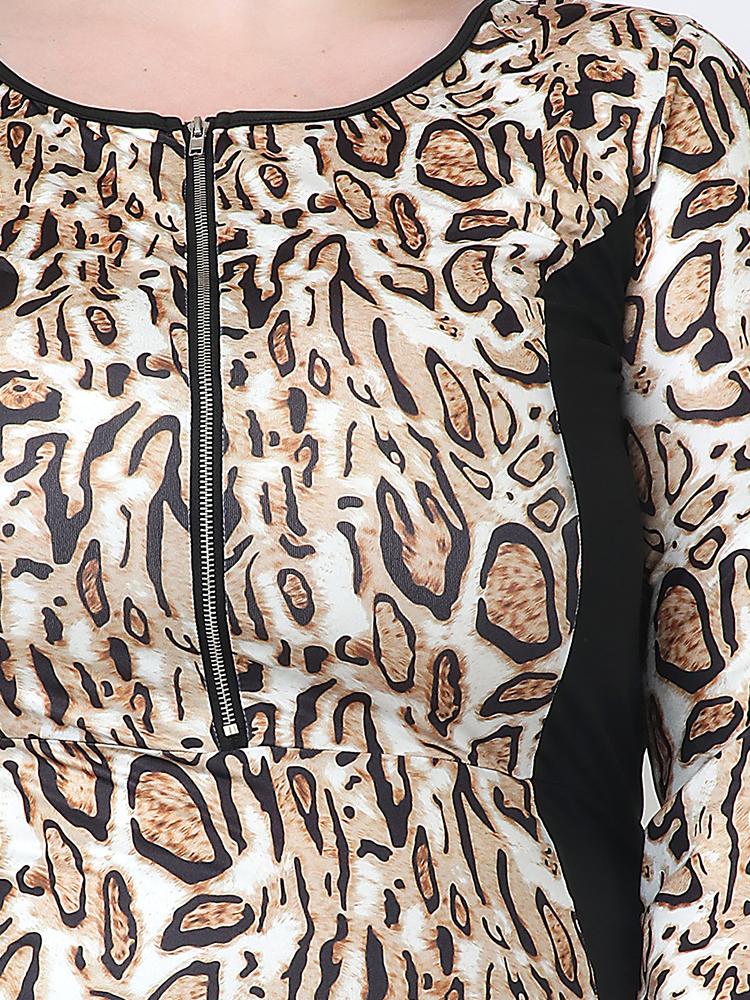 Leopard Panel Zipper Bodycon Dress