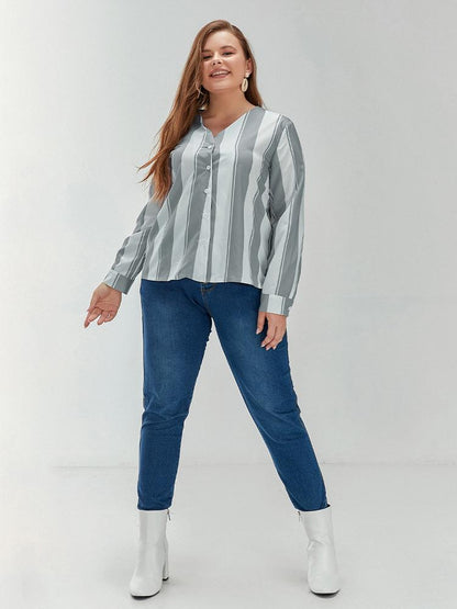 V-neck Button Striped Blouse