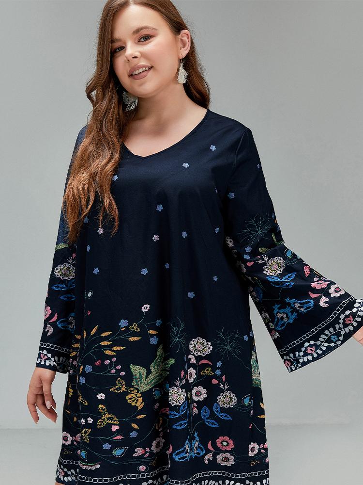 Plant V-neck Flared Sleeve Dress