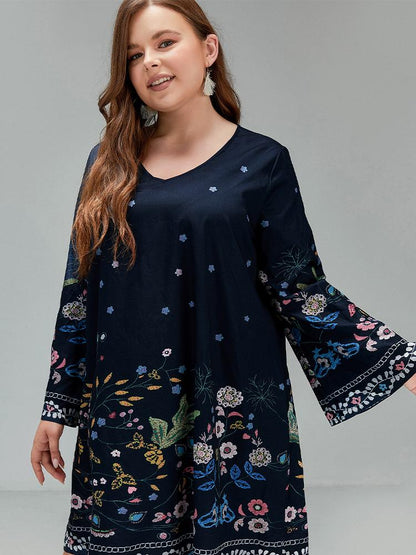 Plant V-neck Flared Sleeve Dress