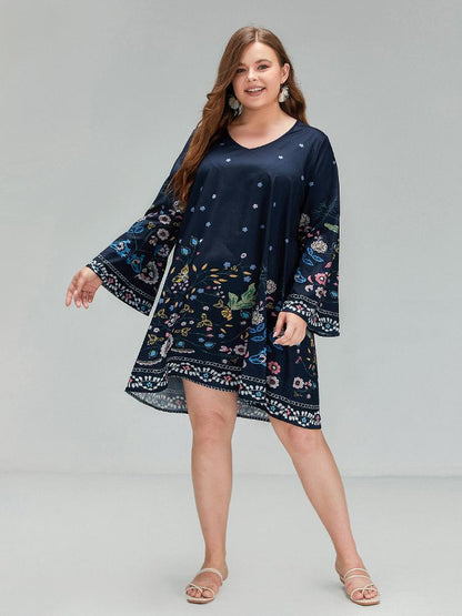 Plant V-neck Flared Sleeve Dress