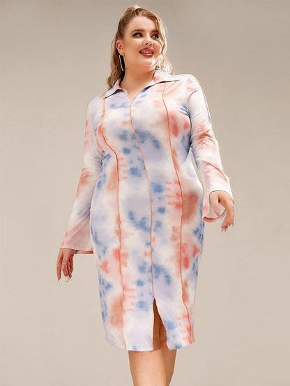 Tie Dye Split Hem Lapel Collar Dress