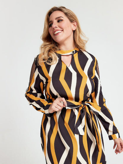 V-neck Striped Belt Dress