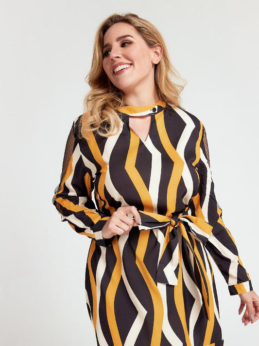 V-neck Striped Belt Dress