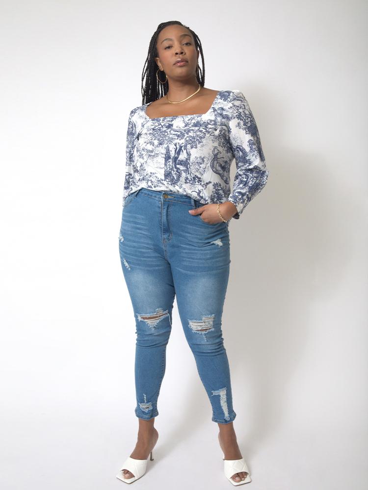 Animal And Plant Printed Square Neck Top