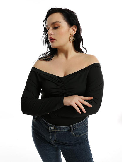 Deep V-neck Long-sleeved Smocking T-shirt