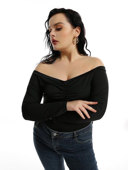 Deep V-neck Long-sleeved Smocking T-shirt