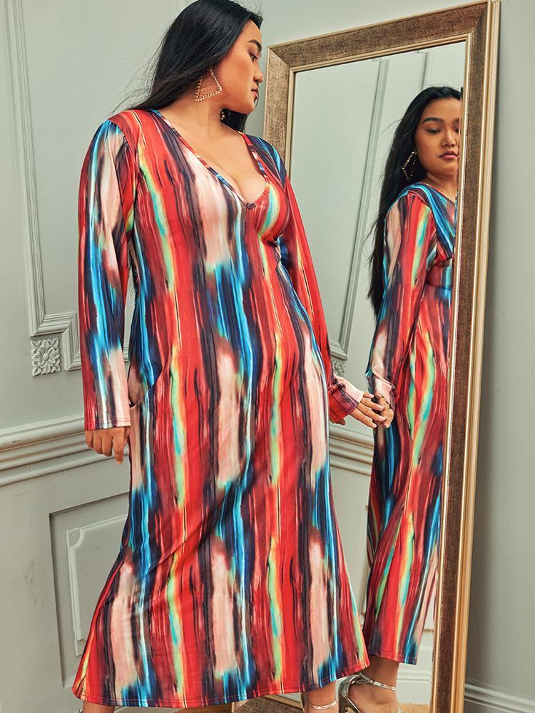 Graffiti Striped V Neck Dress