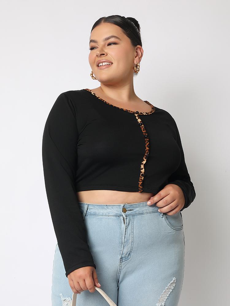 Leopard Detail Long-sleeved Crop T-shirt