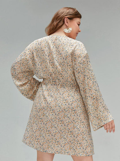 Ditsy Drawstring V-neck Dress