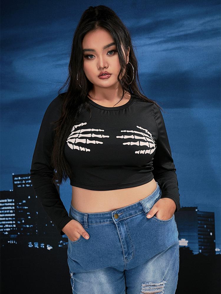 Skull Paw Print Long-sleeved Crop T-shirt