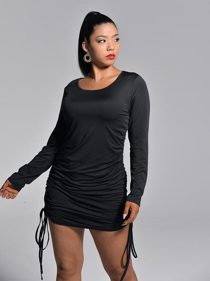 Round-neck Solid Ruched Dress