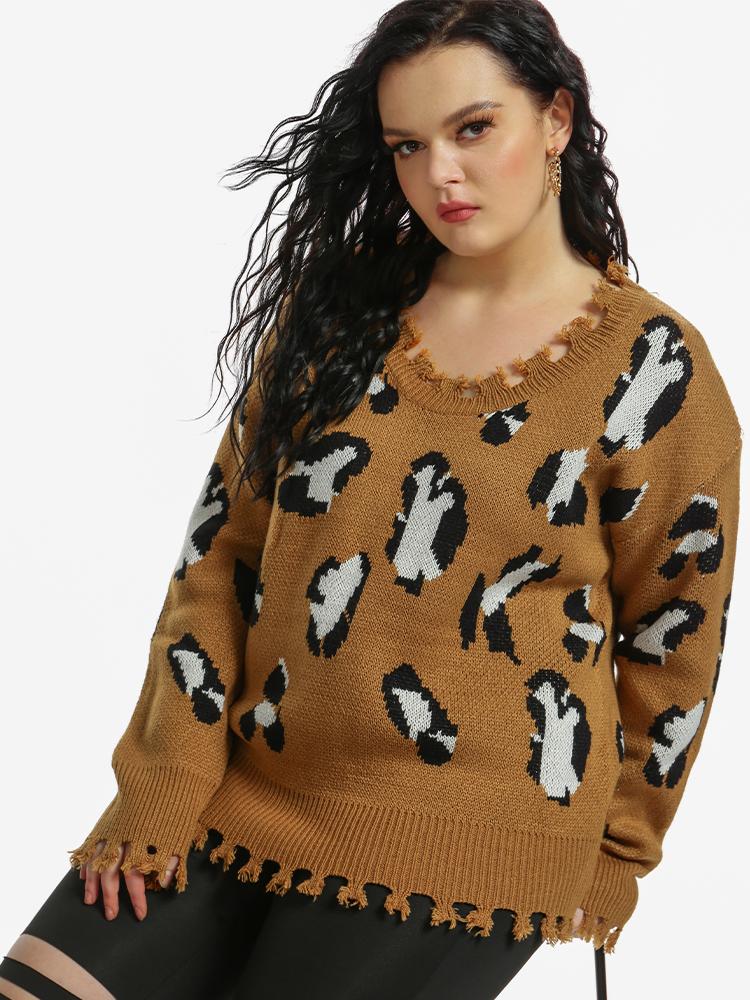 Leopard Print Irregular Edge V-Neck Sweater