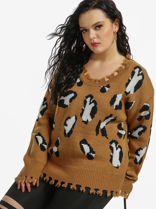 Leopard Print Irregular Edge V-Neck Sweater