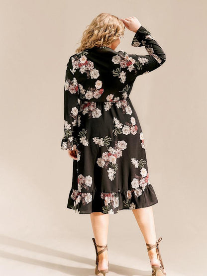 Floral Ruffled Long Sleeve V-Neck Dress