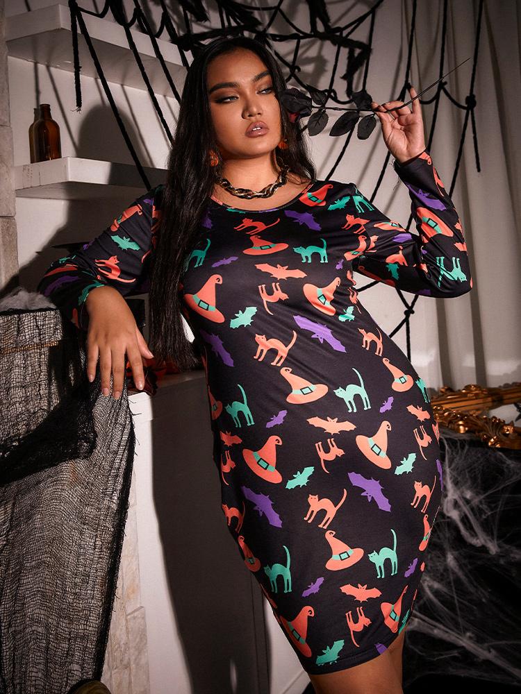 Halloween Cat Witch Hat Bat Print Dress
