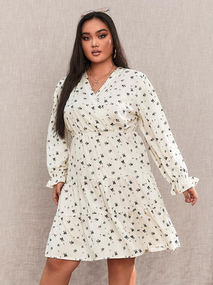 Printed V-neck High Waist Dress