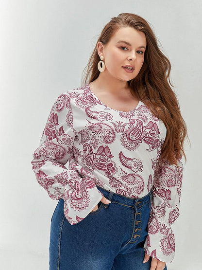 Floral Lantern Sleeve Round Neck Blouse