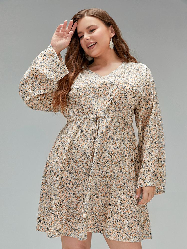 Ditsy Drawstring V-neck Dress