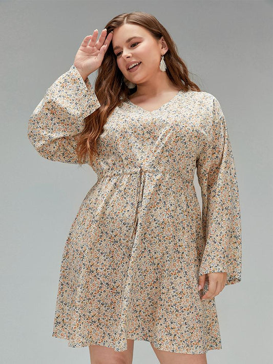 Ditsy Drawstring V-neck Dress