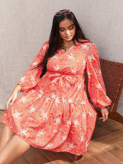 Ditsy Floral Ruffle Hem V Neck Dress