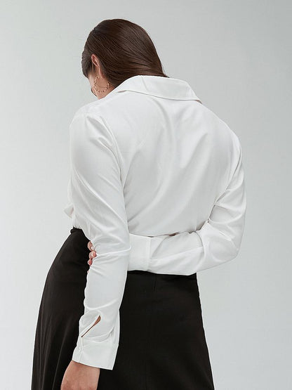 Pleated Lapel Collar Solid Blouse
