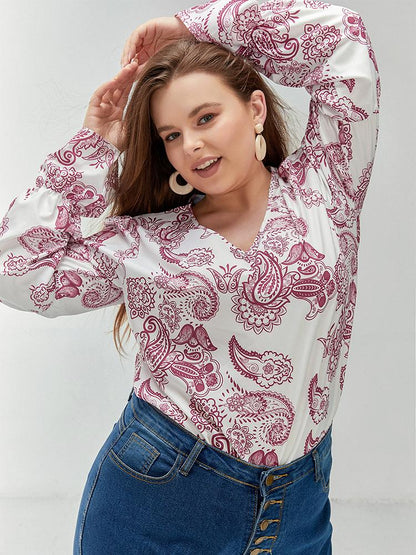 Floral Lantern Sleeve Round Neck Blouse