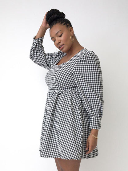 Plaid Puff Sleeve Square Neck Dress
