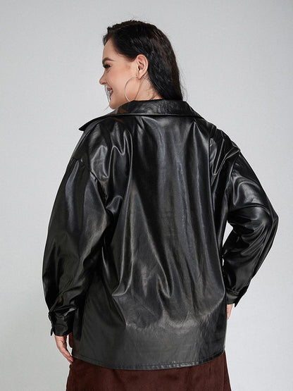 Button Lapel Collar Drop Shoulder Blouse