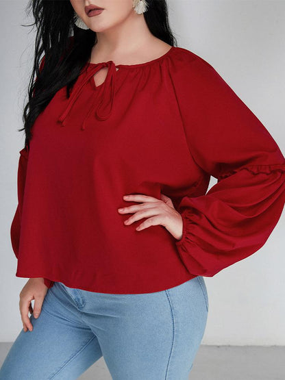 Knotted Notched Neckline Lantern Sleeve Blouse