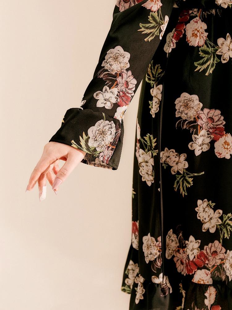Floral Ruffled Long Sleeve V-Neck Dress