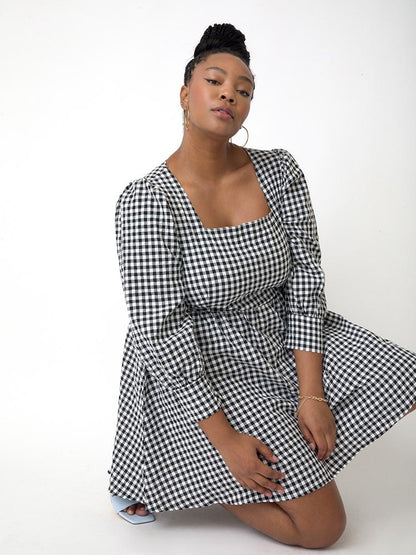 Plaid Puff Sleeve Square Neck Dress