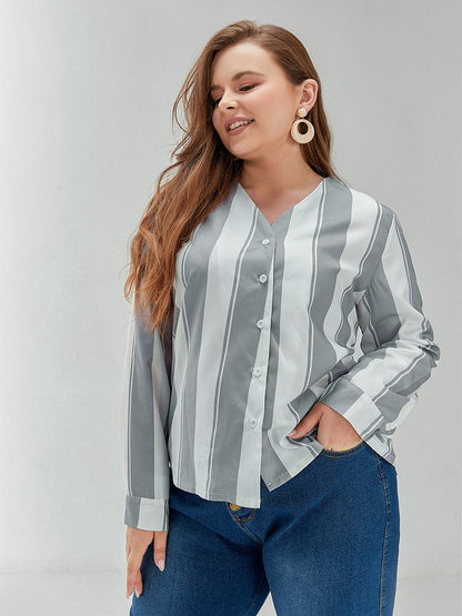 V-neck Button Striped Blouse