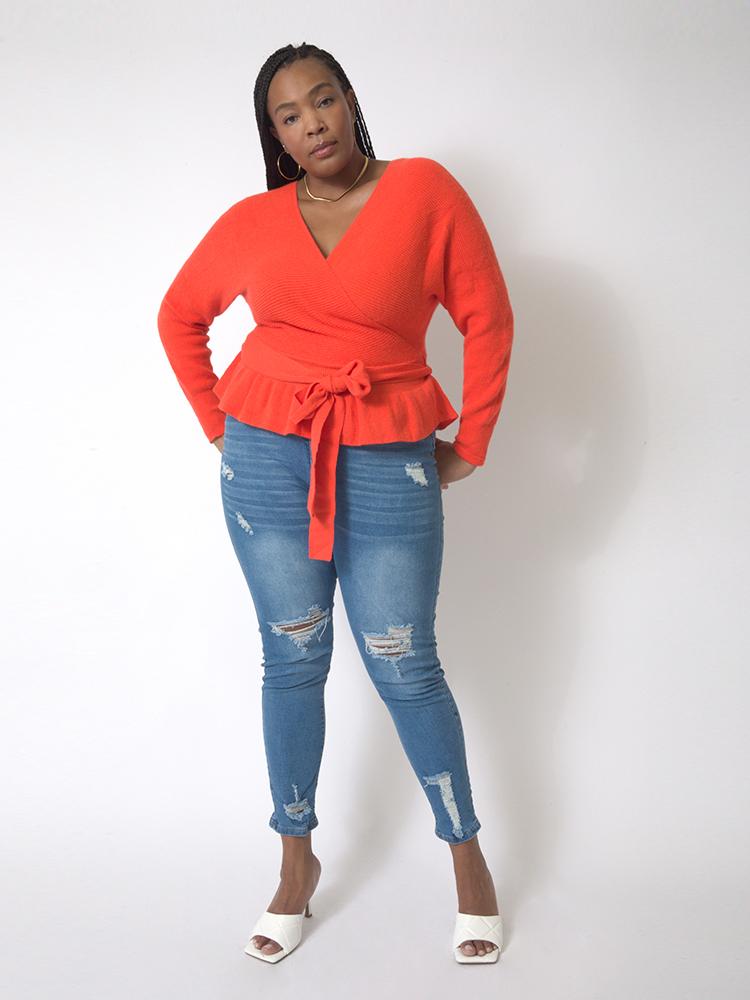 Ruffled V-neck Lace Sweater