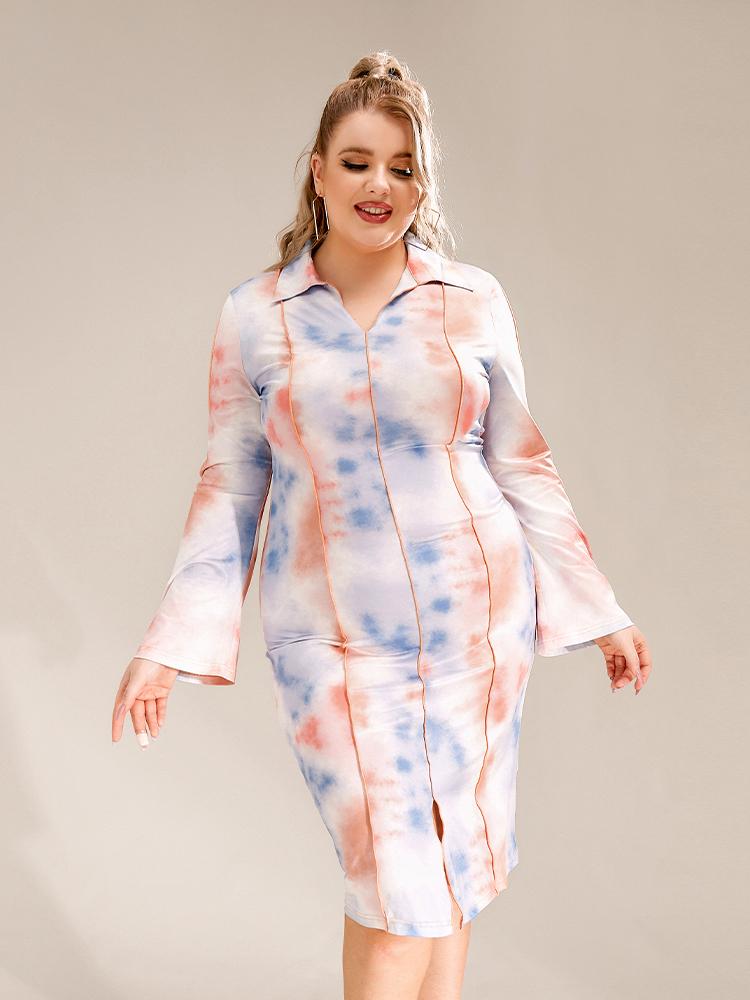 Tie Dye Split Hem Lapel Collar Dress
