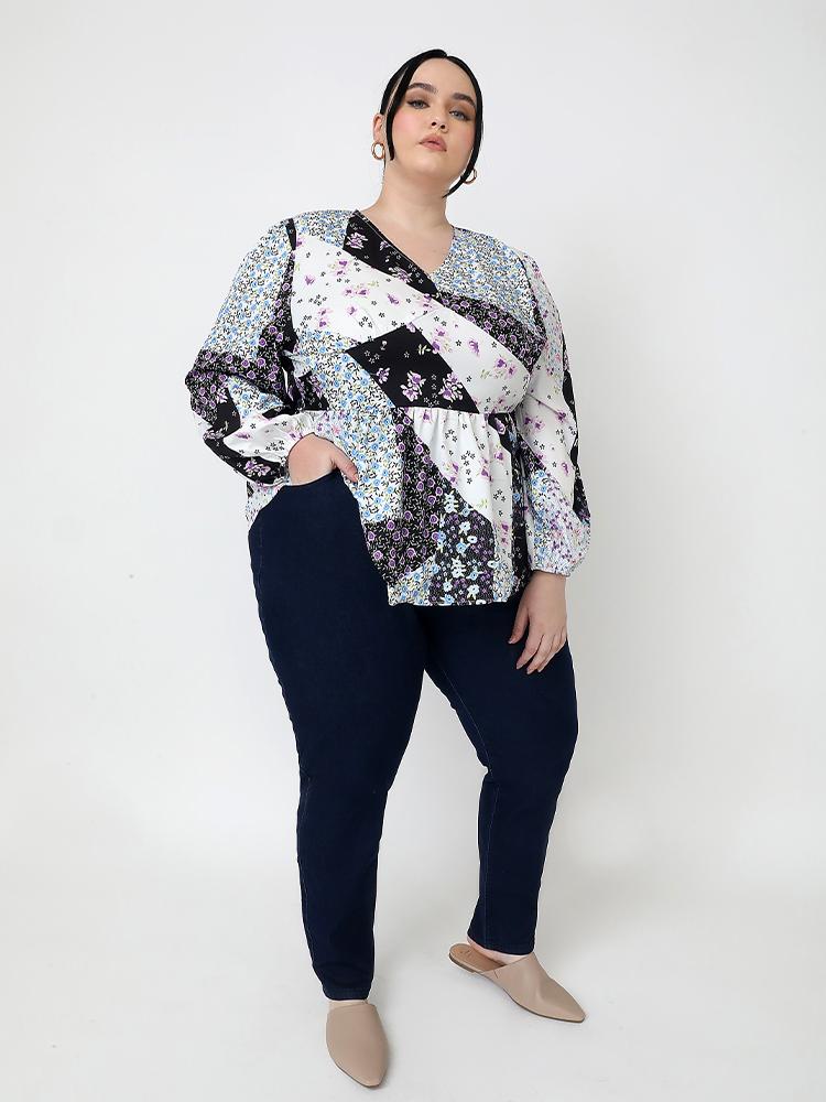Floral Panel V-neck Tops