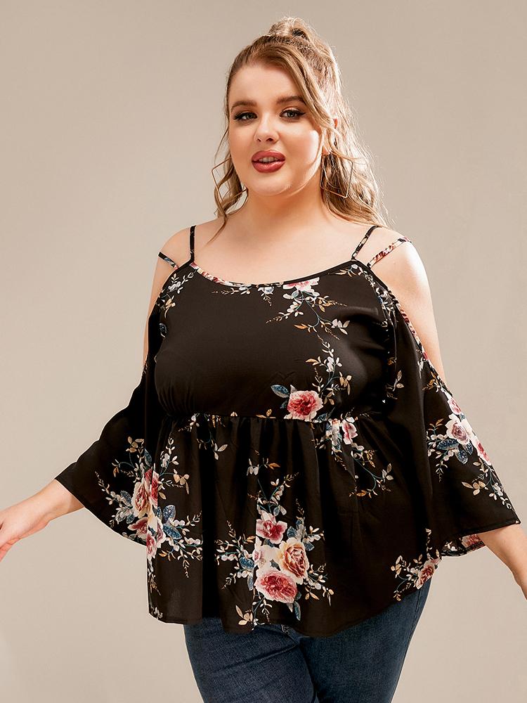 Floral Bell Sleeve Cold Shoulder Blouse