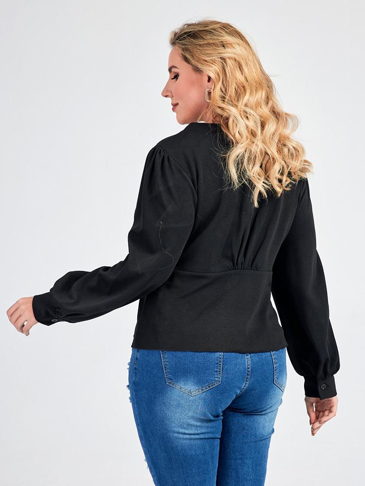 V-neck Button Solid Color Top