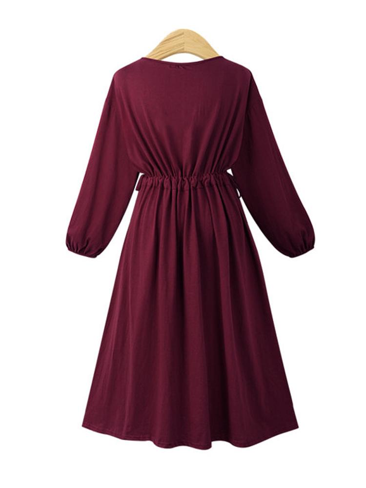 Elastic Waist V-neck Solid Color Dress