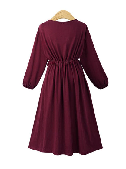 Elastic Waist V-neck Solid Color Dress