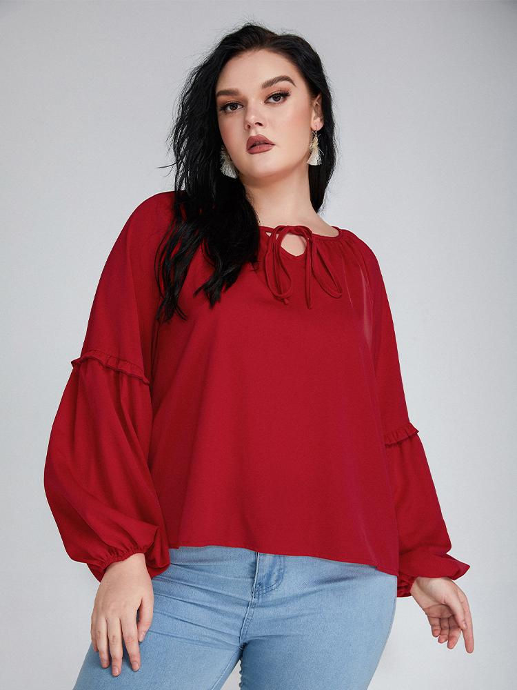 Knotted Notched Neckline Lantern Sleeve Blouse