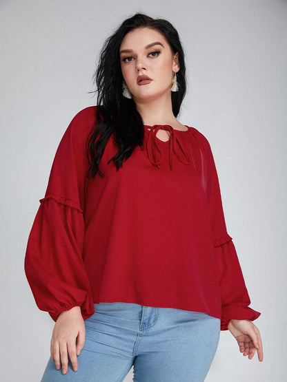 Knotted Notched Neckline Lantern Sleeve Blouse
